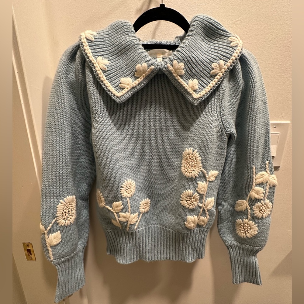 LoveShackFancy Blue Sweater with White Floral Embroidery